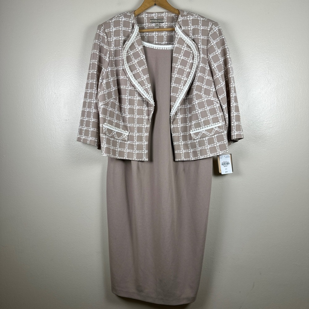 Maya Brooke Women's 16W Jacket Dress Taupe White Grid 2pc Set Office NEW